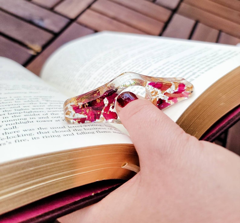 Book Page Holder, Red Rose flowers and Gold flakes, Thumb book Page holder, Book Rest, Gift for reader, Bookworm gifts image 2