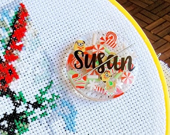 Christmas Bear Needle Minder cross stitch, Sewing or Embroidery Needle Nanny, Personalized Custom needle Holder, Fridge Magnet, Stitching