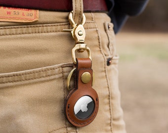 Monogrammed Brown Leather AirTag Keychain with Brass Clasp