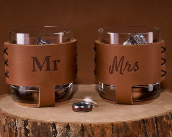 Mr Mrs Rocks Glass Holders, Wedding Gift, Anniversary Gift, Genuine Leather, Box Set, Two 9-oz Glasses, Made in the USA, OOWEE PRODUCTS