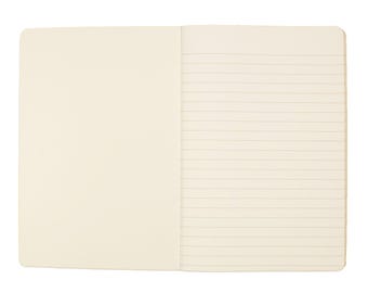 May include: Open notebook with blank, cream-colored pages. The left page is empty, while the right page features horizontal lines. The notebook is open, revealing the interior pages. The paper has a smooth texture.