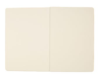 May include: An open notebook with cream-colored pages. The notebook is lying flat, revealing two blank pages. The edges of the pages are slightly rounded. The background is plain white.