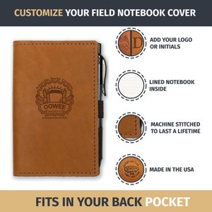 May include: A brown leather notebook cover with a pen holder and a customisable area for a logo or initials. The cover features a logo for OOWEE Products, a company based in Asheville, North Carolina. The notebook is lined and machine stitched for durability. It is made in the USA.