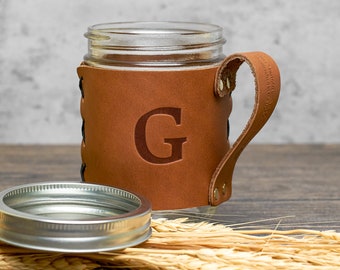 Large Letter Wide Mouth Mason Jar Holder, Add your Letter, Full Grain Leather, With 16-oz Mason Glass, Made in the USA, OOWEE PRODUCTS