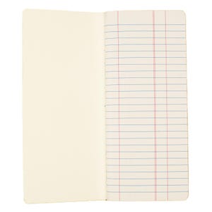 May include: Open notebook with cream-colored pages. The right page has blue horizontal lines and red vertical lines, creating a grid. The left page is blank. The notebook is open, showing the inside pages.