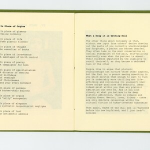 May include: A page from a book of poetry with text printed in black ink on a white background. The text on the left page is titled "In Place of Orgies" and the text on the right page is titled "What a Drag it is Getting Dull".