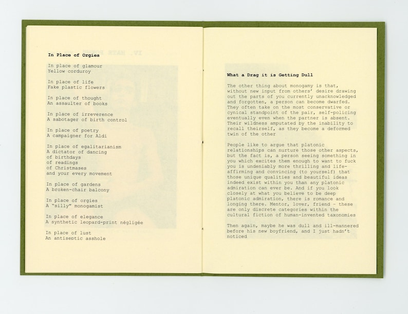 May include: A page from a book of poetry with text printed in black ink on a white background. The text on the left page is titled "In Place of Orgies" and the text on the right page is titled "What a Drag it is Getting Dull".