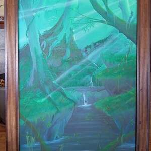 Jungle painting, deep forest painting, depth of the jungle, leafy forest, light through the forest, stream in the forest,