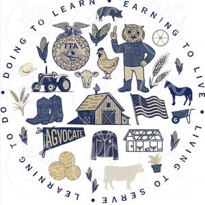 May include: Circular illustration with farming elements in navy blue and beige. Includes a tractor, barn, owl, American flag, and text that says "FFA" and "AGVOCATE". The words "Doing to Learn, Earning to Live, Serving to Learn" are around the circle.