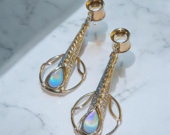 One of a Kind Wire Wrapped Golden Dangle Tunnel Earrings