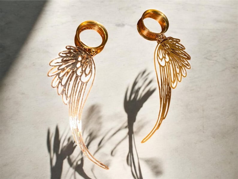 May include: Two gold-colored, wing-shaped earrings with intricate cut-out designs. Each earring features a circular top and a long, curved wing shape. The earrings cast shadows on a light-colored surface.