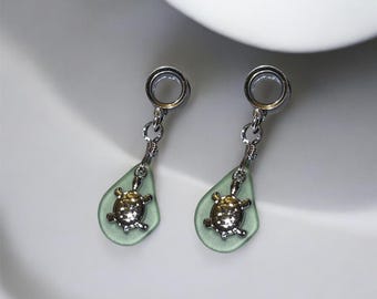 Kolczyki-wisiorki z tunelem ze szkła w kształcie żółwi i morza