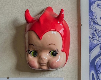 Ceramic Kewpie in Red Devil Bonnet | stoneware wall décor