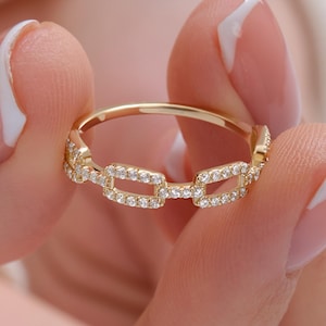 Diamond Chain Link Ring 14K Solid Gold Open-Link Diamond Ring Dainty Pavé Set Diamond Chain Ring Gold Minimalist Half Eternity Diamond Band