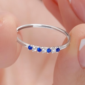 Natural Diamond & Sapphire Gold Ring, Minimalist Stacking Ring, Sapphire Gemstone Ring, September Birthstone Gift, Dainty Gemstone Jewelry