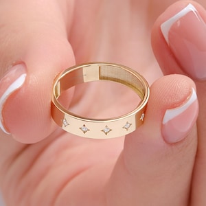 Diamond Engagement Band, Celestial Stacking Ring, Minimalist Dainty Gold Ring, Half Eternity Band, Starburst Ring Gold Band Ring for Women