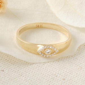 Diamond Evil Eye Ring, 14K Solid Gold Diamond Ring, Third Eye Jewelry, Evil Eye Stacking Ring Gift for Her, Gold Protection Ring for Women