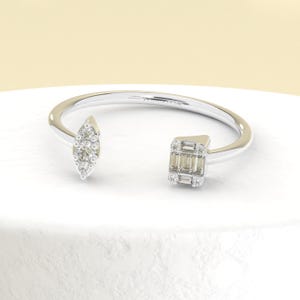 Marquise & Baguette Diamond Cuff Ring, 14K White Gold Open Ring, Minimalist Dainty Ring, Stacking Gold Ring, Diamond Open Cuff Ring for Her