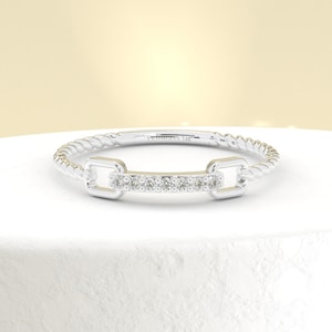 Diamond Twisted Rope Ring, 14K White Gold Diamond Link Chain Ring, Dainty Rope Ring, Modern Stacking Ring, Unique Diamond Band Gift for Her