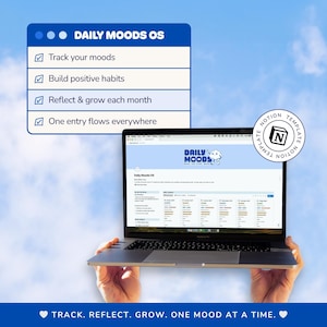 May include: A laptop displaying the "Daily Moods OS" Notion template, held against a blue sky background. The screen shows a mood tracking interface. A blue box lists features: track moods, build habits, reflect & grow, and one entry flows everywhere.