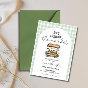 Bewerkbare sjabloon voor uitnodiging voor vers van de markt vrijgezellenfeest, afdrukbare boerenmarkt bruiloft uitnodiging, Instant Download, Canva