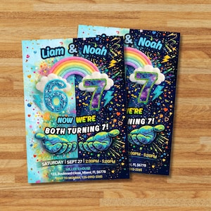May include: Two birthday party invitations with a colorful design. The invitations feature a rainbow, the numbers 6 and 7, and the text "Liam & Noah" and "Now We're Both Turning 7!". The invitations are on a wooden surface.
