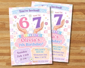 Faire-part d'anniversaire de 6 à 7 ans pour fille | 67 Meme | Invitation meme 7e anniversaire | Modèle de toile modifiable | Téléchargement numérique