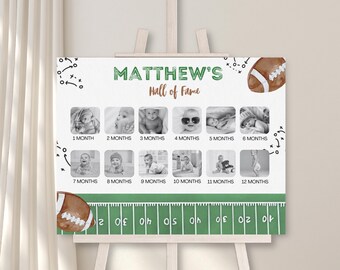 Football Birthday Monthly Photo Board, First Year Down Milestone Board, Football 1st Birthday Hall of Fame Monthly Photo Sign,Canva Template