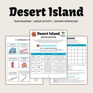 May include: A digital download for a team-building game called "Desert Island." The game includes printable sheets with instructions, roles, and a whiteboard for tracking progress. The game's theme is an office edition survival scenario.