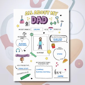 Tudo sobre meu pai, questionário para o Dia dos Pais para imprimir, presente faça você mesmo para o pai, cartão de atividade para colorir, atividade para colorir para crianças, download instantâneo