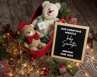 Anuncio de bebé navideño / Revelación digital de embarazo para redes sociales / Plantilla de Canva