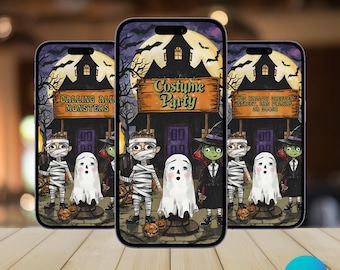 May include: Three smartphones displaying a Halloween-themed invitation. The design features a haunted house, a full moon, and cartoon characters like a mummy, a ghost, and a witch. The text reads "Calling All Monsters" and "Costume Party".
