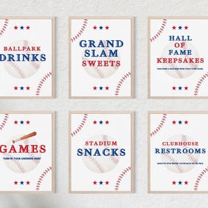May include: Six framed baseball-themed signs with a cream background. Each sign features a baseball graphic, red and blue stars, and text such as "Ballpark Drinks" and "Grand Slam Sweets". The signs are perfect for a baseball-themed party.