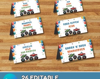 May include: Set of six folded food labels with monster truck graphics. Each label features a different food name, such as "Fire Track Brownies" and "Pit Stop Pizza." The labels are decorated with colorful balloons and confetti.