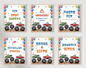 May include: Six framed party signs with a monster truck theme. Each sign features a watercolor illustration of a green and red monster truck. Text includes "Pit Stop Snacks", "Warning! Awesome Party Inside!", "Photo Pit", "Refueling Station", "Cards & Gifts", and "Monster Bites".