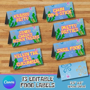 Under the Sea Food Labels Set, Food Tent Labels,  Spongebob Printable Food Labels, Spongebob Birthday Party Decor, Instant Download, Cartoon