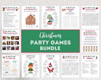 Puede incluir: Un conjunto de juegos de fiesta navideños imprimibles, que incluyen trivial, juegos de adivinanzas y hojas de actividades. El paquete presenta diseños coloridos y temas festivos, perfectos para reuniones navideñas. Los juegos están diseñados para varios grupos de edad.