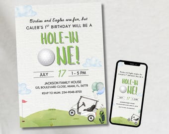 May include: A golf-themed birthday invitation with the text "HOLE-IN ONE!" and "CALEB'S 1ST BIRTHDAY". The design includes a golf ball, golf cart, and a green landscape. A smartphone displays the same design.