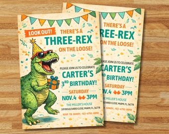 Dinosaur Birthday Invitation, Editable Three Rex Birthday Invite, Third Birthday Dino Party, Three-Rex On The Loose