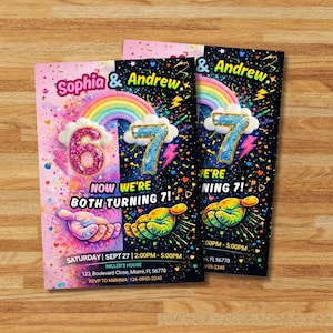 May include: Two colorful birthday party invitations. The invitations feature the names "Sophia & Andrew" above a rainbow and the numbers "6" and "7". The text "Now We're Both Turning 7!" is also visible. The invitations are on a wooden surface.