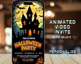 May include: A smartphone displays a Halloween party invitation. The design features a haunted house silhouette against a full moon, bats, and the text "Halloween Party." Additional text includes event details and "Animated Video Invite with Music."
