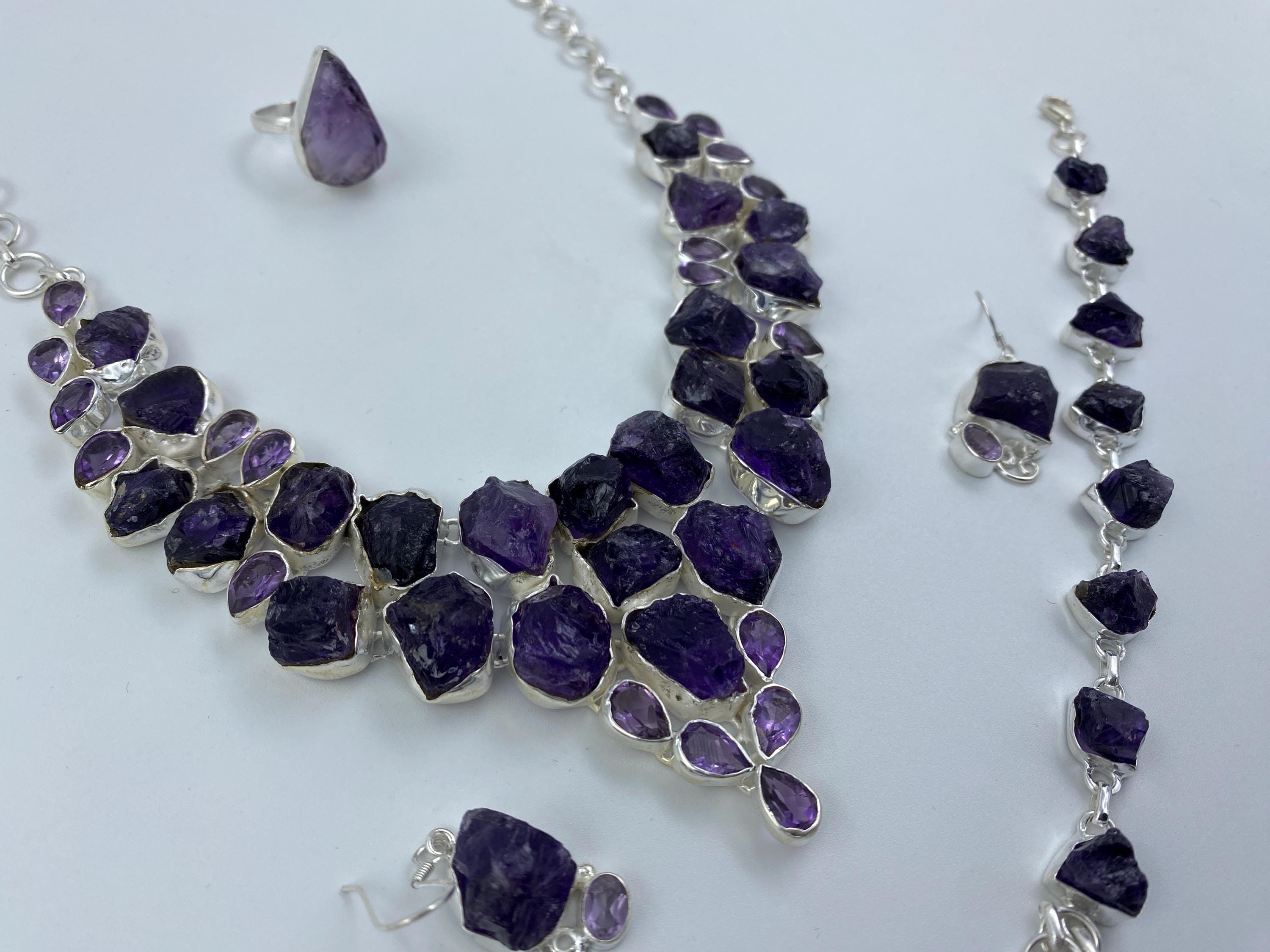 Afghan Amethyst Treasures Crafted Jewelry Set Boho hippie jewelry Neckless Bracelet Earrings, Ring Stunning Natural Gemstones Southwestern