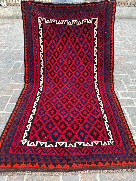 Vintage Afghan Kilim Rug: 8.9x4.8 Ft, Hand-knotted Wool, Tribal