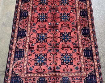 4.11x3.3 feet Red color Turkmen design Geometric Afghan Tribal Rug Handcrafted Carpet Soft Wool Rug for Bedroom and Dining Table Rug
