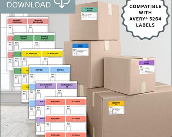 Moving Labels – 3 1/3&quot;x4&quot; – 6 Per Sheet – 32 Room Stickers – Printable Color + B&W – Packing, Box Labels | Digital Download