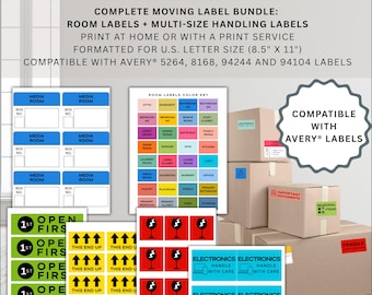 Printable moving labels – color-coded room, box & fragile stickers. Instant download for packing, home organization and moving supplies.