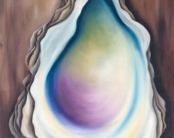 Coastal Wedding Gift Elegant Beach house decor Dark Brown Oyster Print of original oil painting by Julie Jones - Signed and Numbered