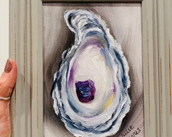 Original Framed Oyster Art  5"x7" Oil Painting  (7 1/2" x 9 1/2" with frame) -coastal artwork- coastal gift - Oyster Painting by Julie Jones