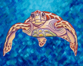 Sea Turtle Print Signed Numbered Limited Edition Giclee Print 11x14 w/ matte. Turtle Print from Original Painting. Turtle Art Loggerhead Art