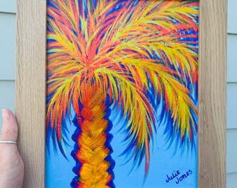 Original Hand-Painted Framed 8x10 vibrant Acrylic Painting on canvas - Cool Palm Tree Art! Colorful Palm Tree Painting 10x12 with frame!